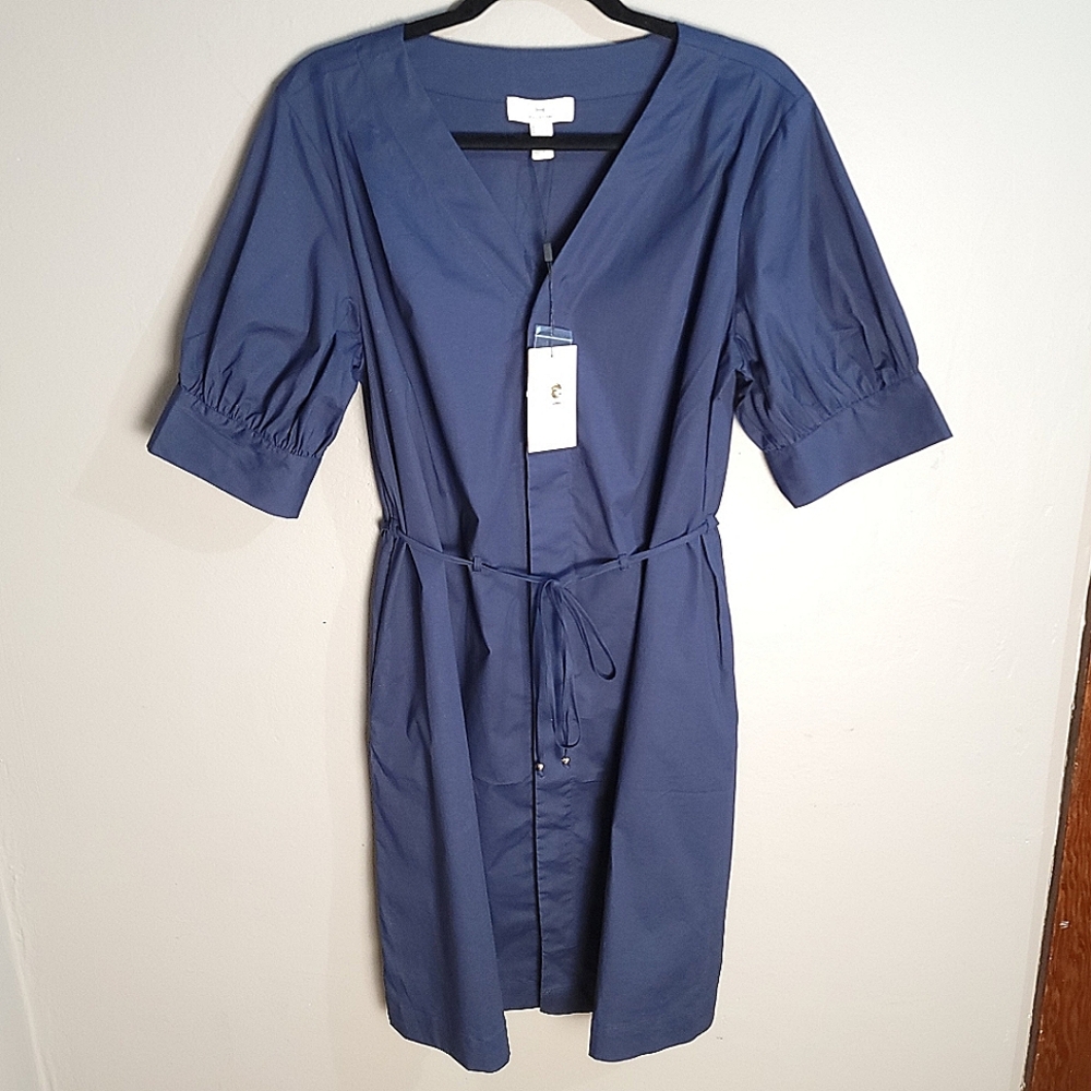 H by Halston NWT Classic Navy Linen Button Up Belted Knee Length Dress - MEDIUM